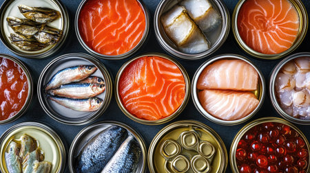 A variety of processed seafood cans, such as salmon, mackerel, and sardines, neatly arranged on a table with room for labels.の素材