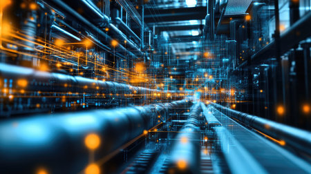 A clean, minimalist display of digital connections between various technologies in an industrial setting.の素材