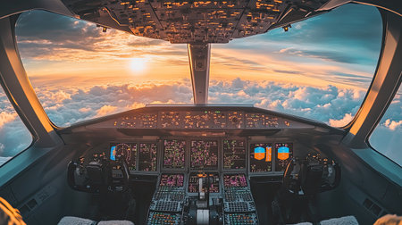 A clear cockpit window framing a beautiful view of the clouds and airplane's wing, with flight instruments in the foreground.の素材