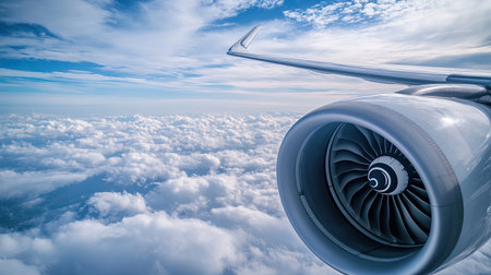 A close-up of a jet engine on the wing of an airplane, with blurred clouds in the background to emphasize the speed and power of commercial aviation.の素材