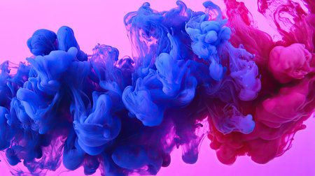 A burst of blue and red ink blending to form a deep purple color in a water tank.の素材