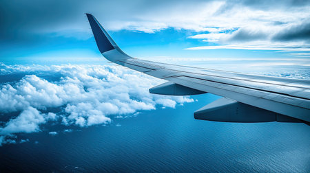 A close-up of an airplane wing cutting through clouds with the deep blue of the Atlantic Ocean visible far below during a transatlantic flight.の素材