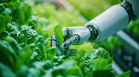A close-up of a robotic hand examining a healthy green leaf in a controlled smart farm.の素材