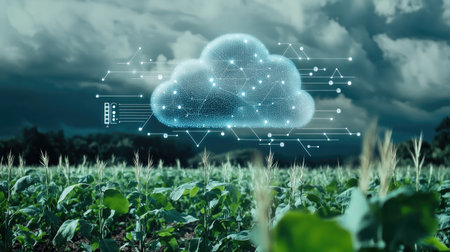 A cloud-connected farm with AI-driven analytics displayed on a digital interface.の素材