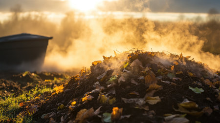 A compost heap steaming in the morning sunlight, rich with decomposing organic matter.の素材