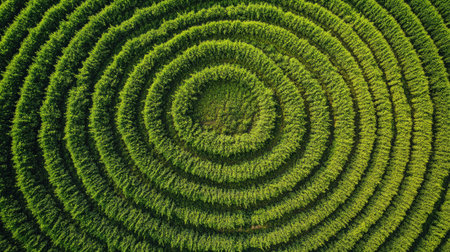 A drone shot of an irrigated crop field, circular water patterns forming in lush green farmland, representing modern cultivation techniques.の素材