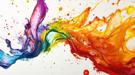 A dynamic swirl of colorful liquid paints blending and overlapping on a white canvas.の素材