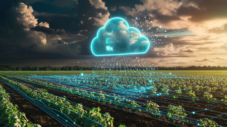 A cloud-connected farm with AI-driven analytics displayed on a digital interface.の素材