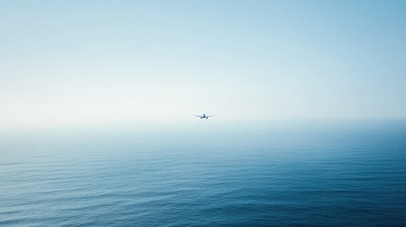 A distant shot of an airplane traveling across the vast Atlantic Ocean, with the vast blue expanse of the water stretching into the distance.の素材