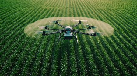 A drone spraying liquid fertilizer over a large green agricultural field.の素材
