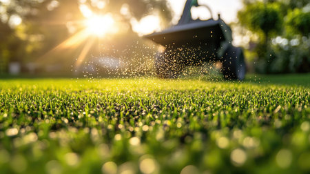 A fertilizer spreader dispensing granules onto a green lawn in the background.の素材