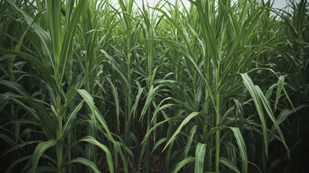 A dense field of tall sugarcane stalks with long green leaves swaying gently, capturing the essence of tropical agriculture.の素材