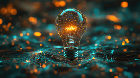 A lightbulb blending into a network of colorful dots, representing the connection between bright ideas and digital connectivity.の素材