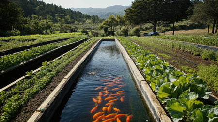 A fish pond surrounded by rows of crops, showcasing a balanced aquaponics system.の素材