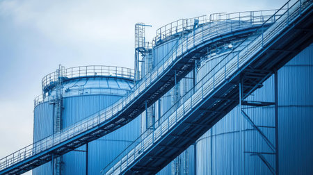 A large industrial fertilizer storage silo with conveyor belts moving the product.の素材