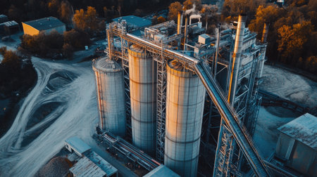 A large industrial fertilizer storage silo with conveyor belts moving the product.の素材