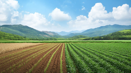 A farm field divided into precision agriculture zones with different irrigation levels.の素材