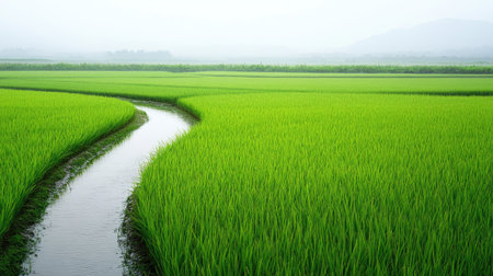 A green rice paddy field, demonstrating sustainable wetland farming practices.の素材