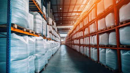 A modern fertilizer storage facility with large sacks of organic and synthetic fertilizers.の素材