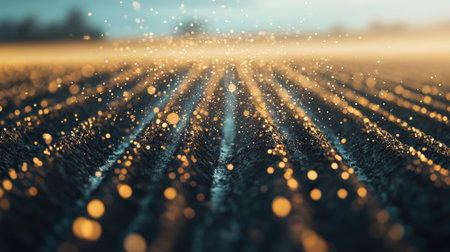 A field with neatly spread liquid fertilizer, absorbed by the dark, moist soil.の素材