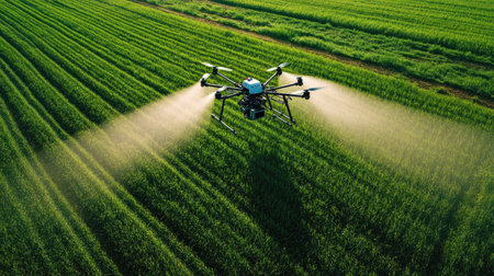 A drone-mounted precision fertilizer sprayer hovering over green crop rows.の素材