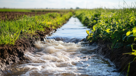 A natural irrigation system on an organic farm, with water flowing through a small channel.の素材