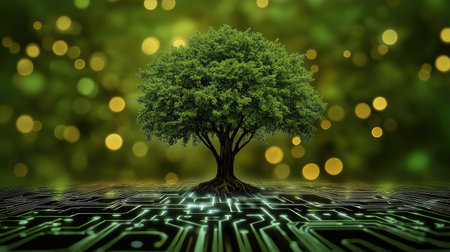 A merging of a tree and a digital circuit pattern, representing the combination of nature and technology in creative thinking.の素材