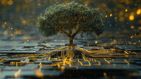 A merging of a tree and a digital circuit pattern, representing the combination of nature and technology in creative thinking.の素材