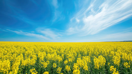 A large field of bright yellow canola flowers in full bloom, spreading towards the horizon under a blue sky, representing oilseed crop farming.の素材
