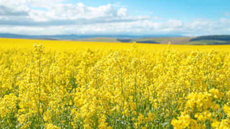 A large field of bright yellow canola flowers in full bloom, spreading towards the horizon under a blue sky, representing oilseed crop farming.の素材