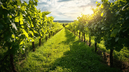 A lush sustainable vineyard with grapevines growing in a balanced, pesticide-free environment.の素材