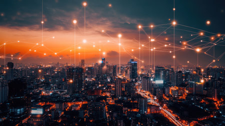 A modern city skyline with integrated technology, featuring smart lighting and connected infrastructure.の素材