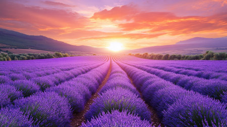 A lavender farm with endless purple rows curving along rolling hills, under a pastel sunset, illustrating floral cultivation.の素材