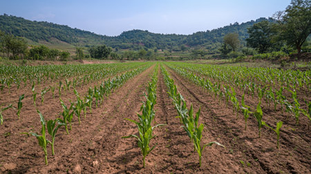 A maize field with young green stalks reaching upwards, indicating the early stages of corn cultivation.の素材