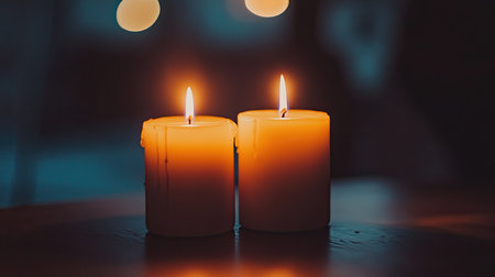 Two glowing candles positioned close together in the dark, creating an intimate ambiance.の素材