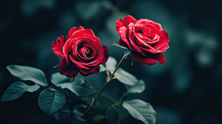 Two roses growing side by side with intertwining stems, symbolizing closeness.の素材