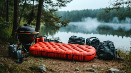A deflated air mattress neatly packed away, sitting next to an outdoor grill and camping gear.の素材