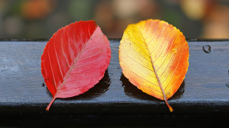 Two autumn leaves overlapping on a wet wooden bench, representing closeness.の素材