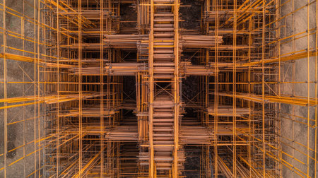 Aerial view of a pile of scaffolding pipes and couplers forming an abstract pattern.の素材