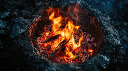 A close-up of an orange campfire burning in a circular stone ring, with glowing embers and a deepening night sky above.の素材