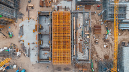 Aerial view of scaffolding sections extending across a large industrial structure, showcasing engineering complexity.の素材