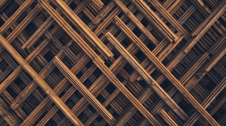 Aerial view of a pile of scaffolding pipes and couplers forming an abstract pattern.の素材