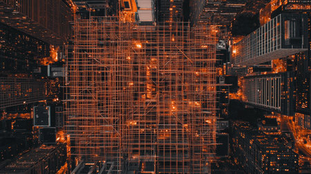 Aerial view of a large-scale construction site with scaffolding covering multiple levels of an unfinished building.の素材