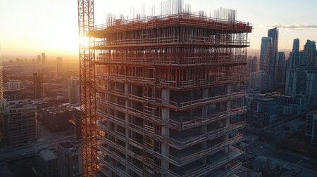 Aerial view of scaffolding covering a skyscraper under construction, emphasizing urban growth.の素材