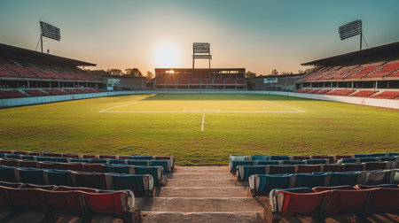 An expansive sports arena with empty stands and a well-maintained field, reflecting in the evening sunlight.の素材