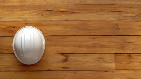 Top-down view of a single white hard hat lying on an unfinished wooden plank with copy space.の素材