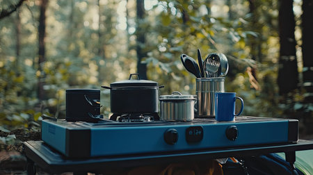 A close-up of camping gear, including a stove, cooking utensils, and a coffee mug, with a backdrop of green trees.の素材