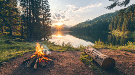 A campfire glowing gently, casting shadows on a wooden log placed beside it, in an untouched natural landscape.の素材