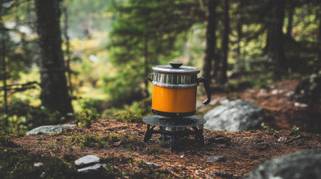 A camping stove with a coffee pot, set up on a flat surface surrounded by trees in a forest setting.の素材
