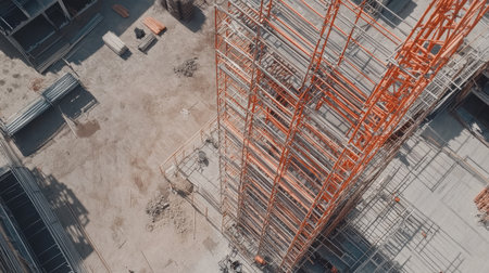 Aerial view of a partially assembled scaffolding system on an unfinished concrete floor.の素材